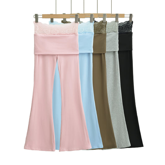 High waisted lace patchwork micro flared pants