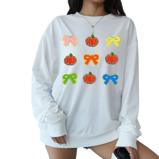 Women's bow pumpkin round neck hoodie