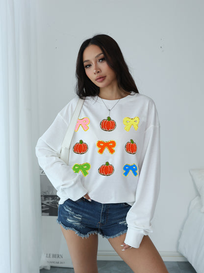 Women's bow pumpkin round neck hoodie