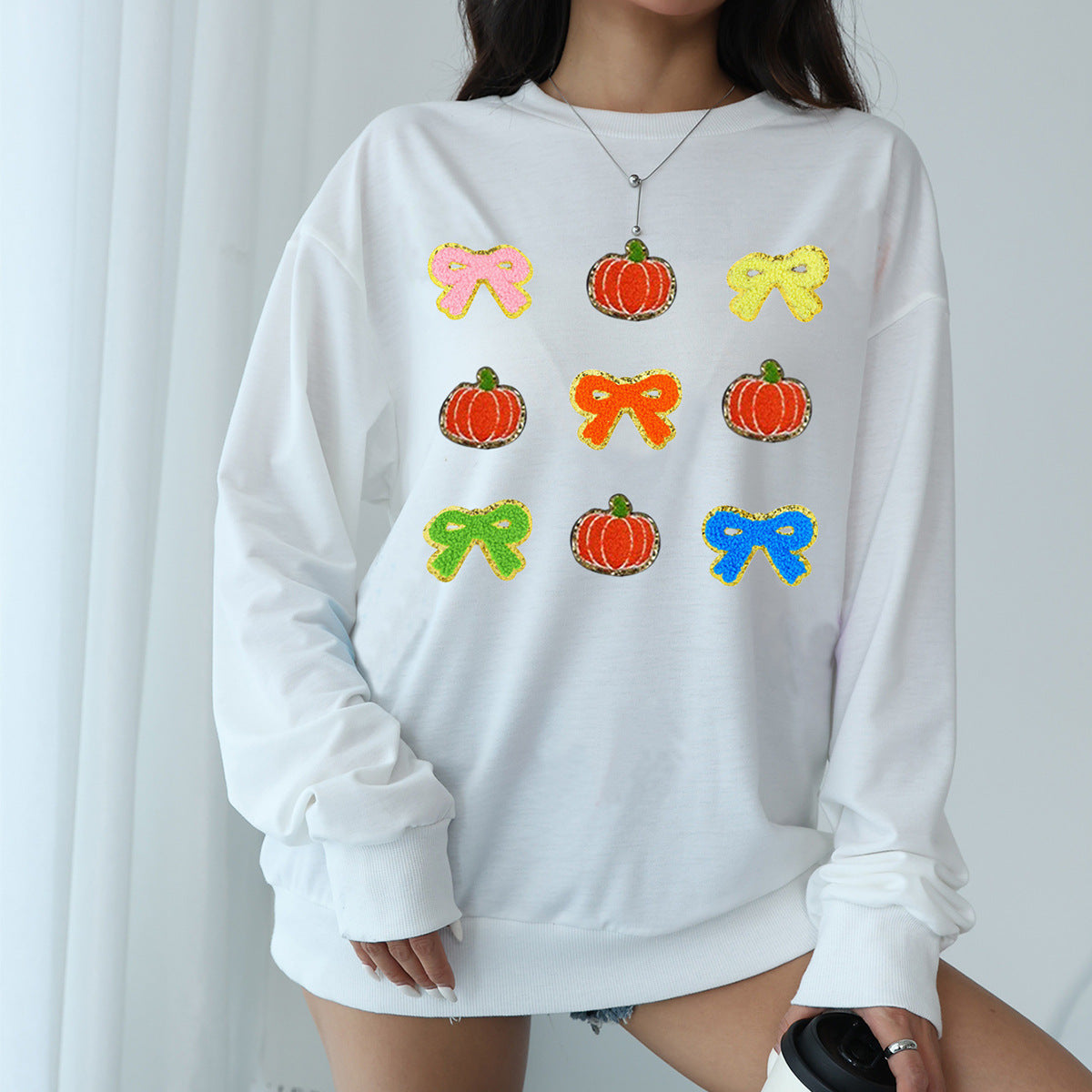 Women's bow pumpkin round neck hoodie