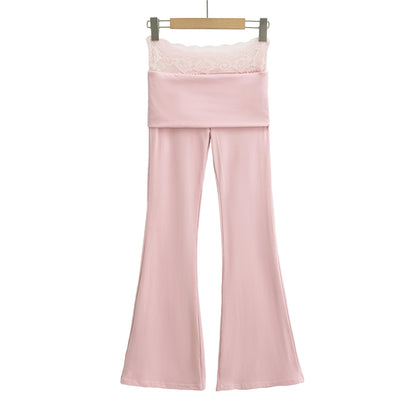 High waisted lace patchwork micro flared pants