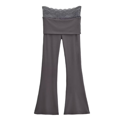 High waisted lace patchwork micro flared pants