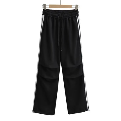 Drawstring elastic waist loose straight work pants