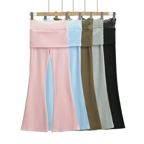 High waisted lace patchwork micro flared pants