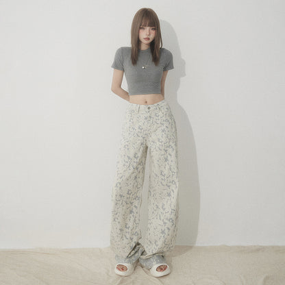 White Tie-Dye Printed Jeans for Women High Waist Loose Wide Leg Pants