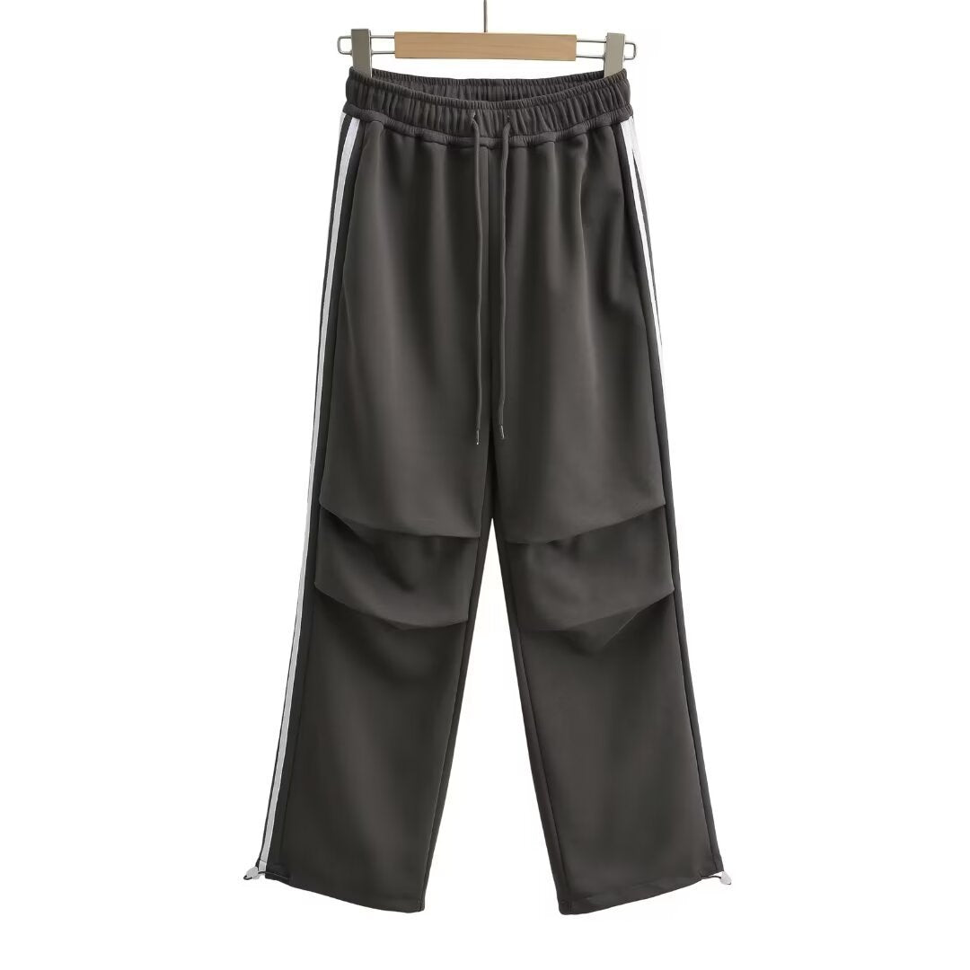 Drawstring elastic waist loose straight work pants