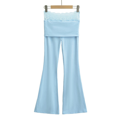 High waisted lace patchwork micro flared pants