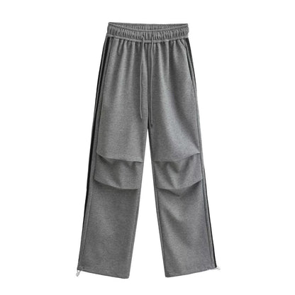 Drawstring elastic waist loose straight work pants