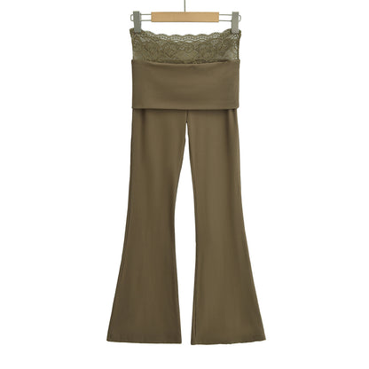 High waisted lace patchwork micro flared pants